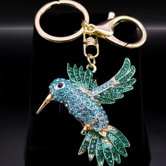 Green Hummingbird Keychain for Women Men Rhinestone Gold Color Alloy Animal Bird - Picture 3 of 13